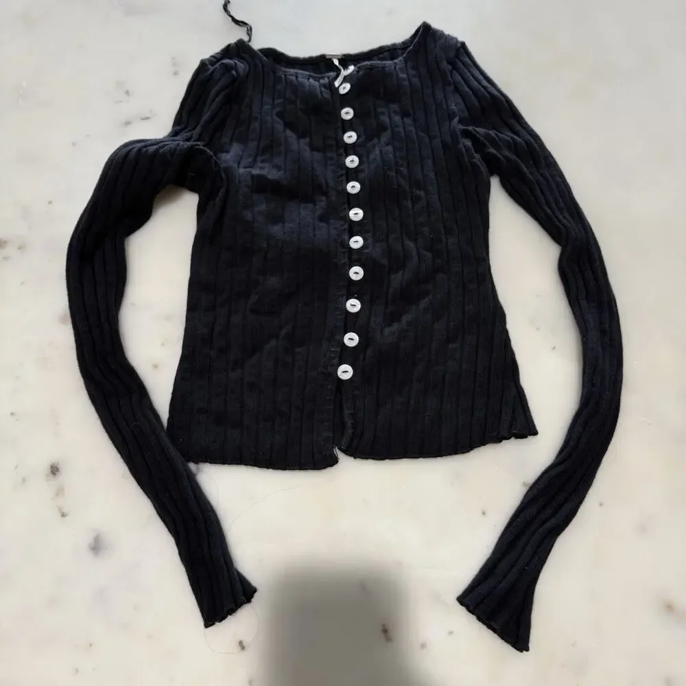 Free People XS Tilly Long-Sleeve Cardi Blouse Top Knit Ribbed Buttondown Black